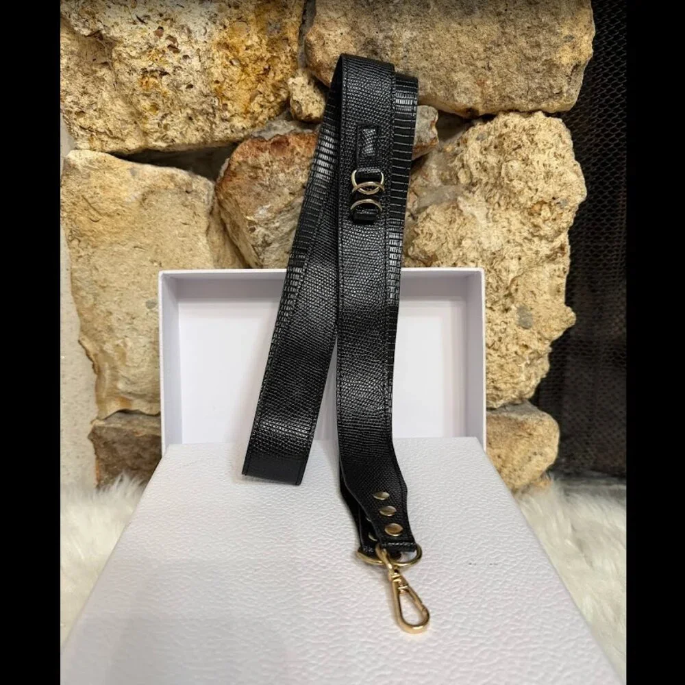 Black Textured Leather Crossbody Phone Lanyard With Gold Tone Hardware
